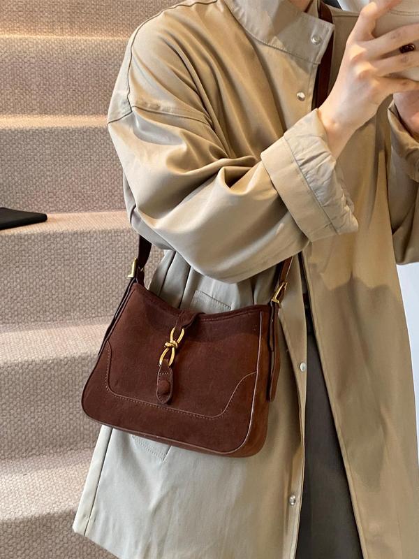 Women's Solid Color Belted Suede Crossbody Bag, Fashionable Crossbody Bag for Daily Used, Casual Trendy Versatile High-quality Daily Commuting Bag