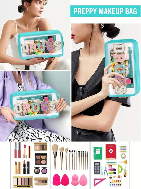 Clear Makeup Bag, Fashionable Letter Patched Design Makeup Bag with Zipper & Handle, Waterproof Cosmetic Handbag for Women