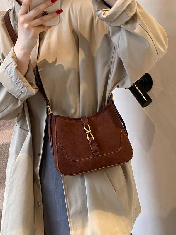 Women's Solid Color Belted Suede Crossbody Bag, Fashionable Crossbody Bag for Daily Used, Casual Trendy Versatile High-quality Daily Commuting Bag