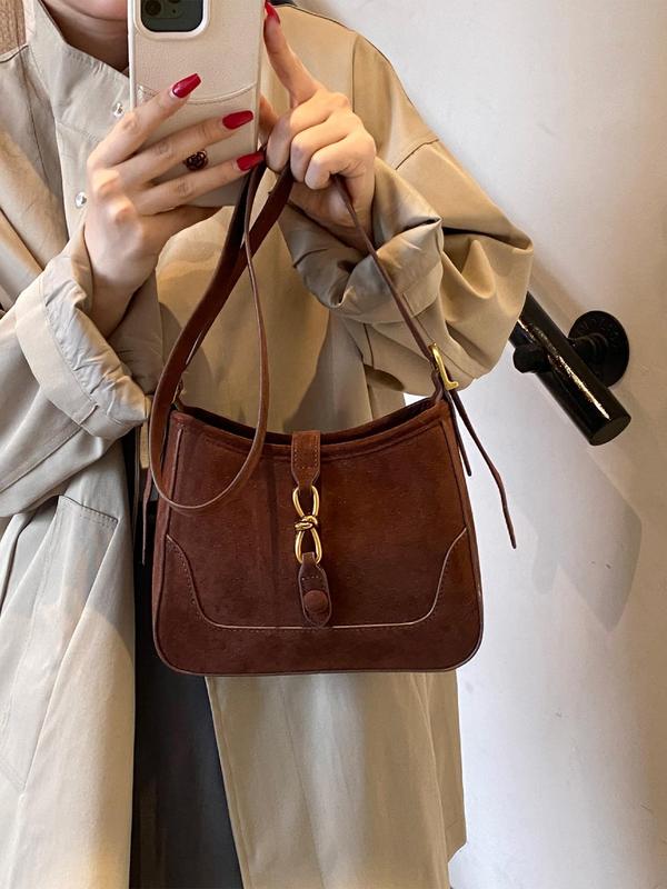 Women's Solid Color Belted Suede Crossbody Bag, Fashionable Crossbody Bag for Daily Used, Casual Trendy Versatile High-quality Daily Commuting Bag