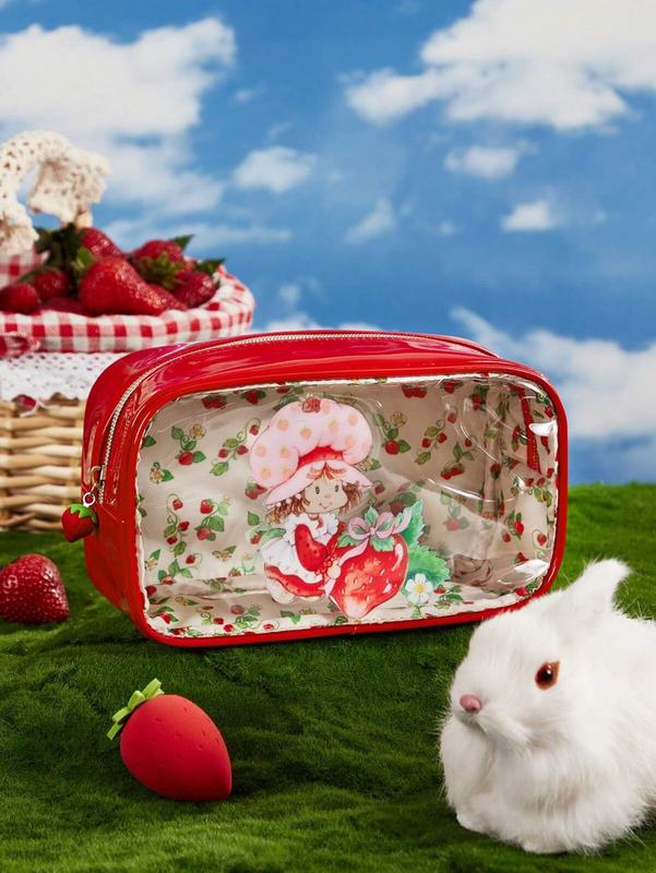 Strawberry Shortcake Cartoon Character & Strawberry Pattern Transparent Square Cosmetic Bag