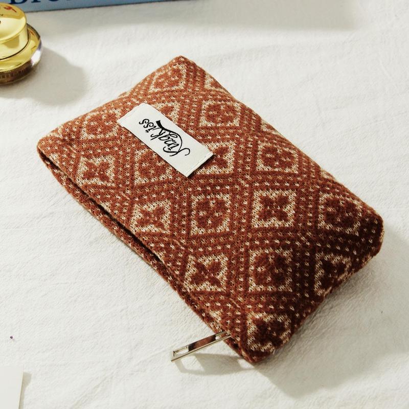Boho Style Geometric Pattern Makeup Bag Set, 2 Counts set Core Velvet Large Capacity Cosmetic Storage Bag, Versatile Storage Bag for Skincare, Lip Balm, Makeup Tool