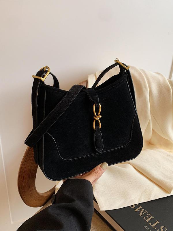 Women's Solid Color Belted Suede Crossbody Bag, Fashionable Crossbody Bag for Daily Used, Casual Trendy Versatile High-quality Daily Commuting Bag
