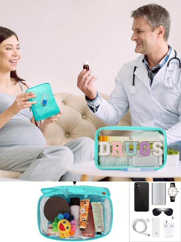 Clear Makeup Bag, Fashionable Letter Patched Design Makeup Bag with Zipper & Handle, Waterproof Cosmetic Handbag for Women
