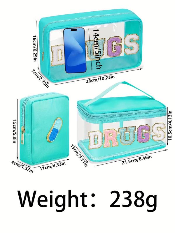 Clear Makeup Bag, Fashionable Letter Patched Design Makeup Bag with Zipper & Handle, Waterproof Cosmetic Handbag for Women