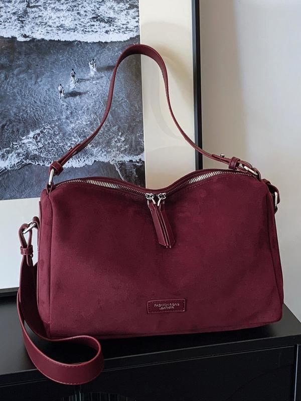 Women's Elegant Solid Color Label Patched Design Crossbody Bag, Fashionable Pu Suede Shoulder Bag for Daily Used, Casual Trendy Versatile High-quality Daily Commuting Bag