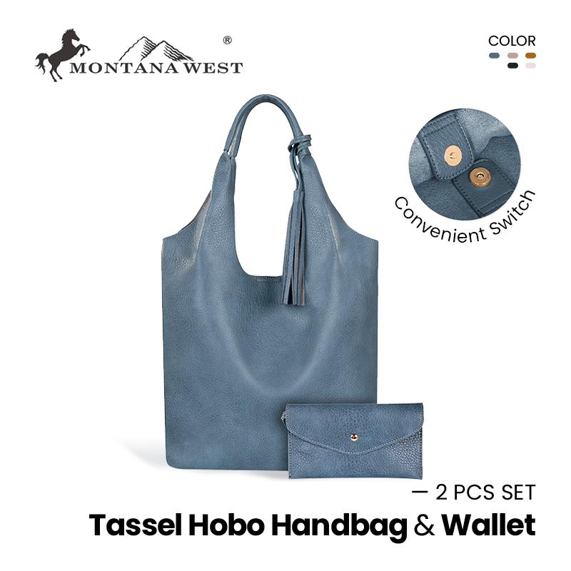 [Montana West] 2 PCS SET Ultra Soft Hobo Bag and Matching Wallet, Vegan Leather - Fashion Handbag for Fall