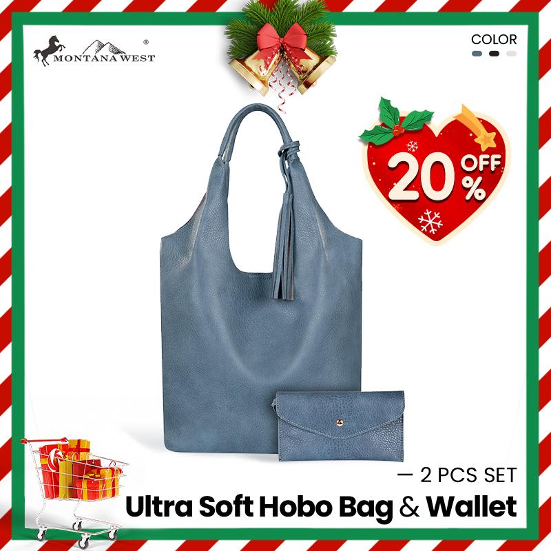 [Montana West] 2 PCS SET Ultra Soft Hobo Bag and Matching Wallet, Vegan Leather - Fashion Handbag for Fall