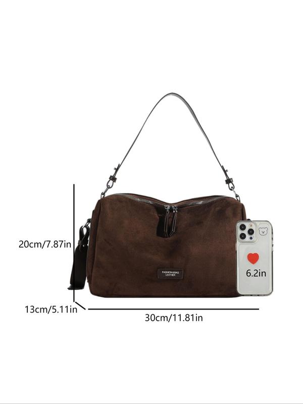 Women's Elegant Solid Color Label Patched Design Crossbody Bag, Fashionable Pu Suede Shoulder Bag for Daily Used, Casual Trendy Versatile High-quality Daily Commuting Bag