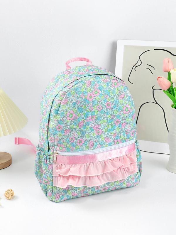 Floral Pattern Ruffle Trim Backpack, Casual Large Capacity Backpack for Women & Girls, Fashionable Backpack for Daily Use