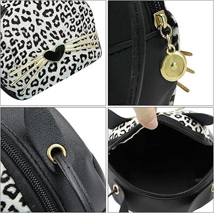 Cat Leopard Purse Crossbody, Small Cute Shoulder Bag Handbags with Zipper, Mini PU Leather Sparkly Purses for Teen Girls Women, Birthday Gifts