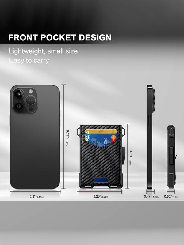 Men's Minimalist Carbon Fiber Card Holder, RFID Blocking Card Holder with Money Clip, Slim Leather Front Pocket Smart Pop Up Card Case Bifold Minimalist Wallet