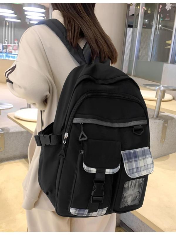 Casual Large Capacity Classic Backpack With Pocket For Men & Women, Plaid Pattern Nylon School Bag For Teenagers