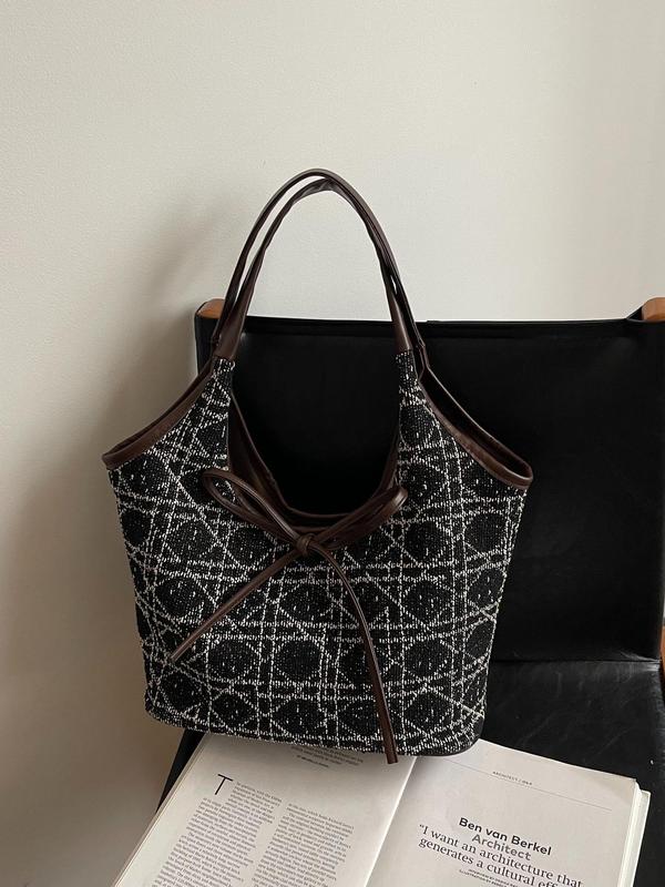 Women's Fashionable Argyle Tote Bag, Casual Versatile Bow Decorated Shoulder Bag for Work & Daily Used, Trendy All-match Bag for Commuters and Students