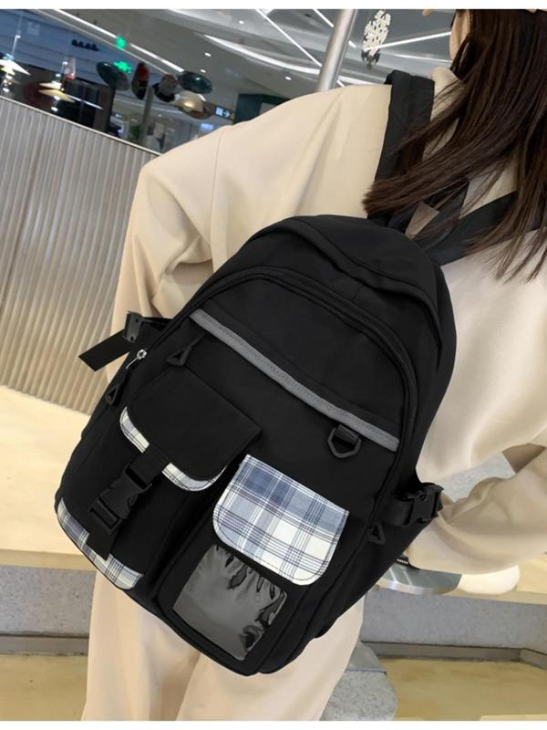 Casual Large Capacity Classic Backpack With Pocket For Men & Women, Plaid Pattern Nylon School Bag For Teenagers