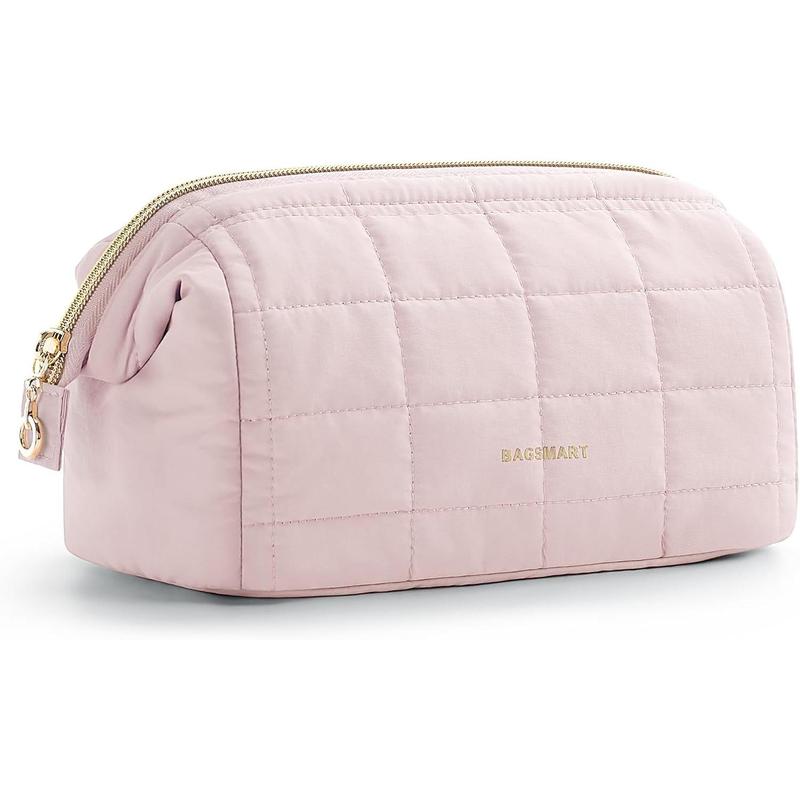 Makeup Bag Travel Toiletry Bag, Puffy Padded Make Up Bags for Women Makeup Organizer Case, Wide-open Pouch Purse Travel Essentials Toiletries Accessories Brushes, Pink