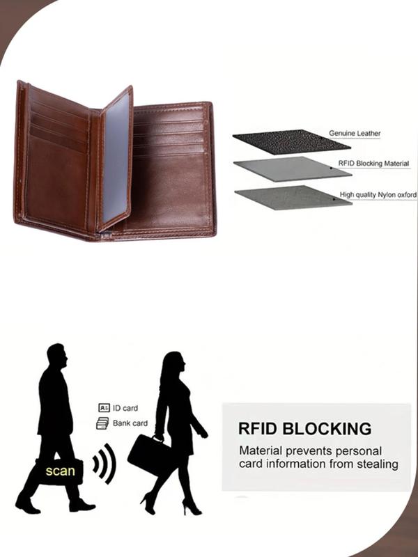 Men's Simple Plain Cowhide Leather Wallet, Business Casual Card Slots Holder, Multi-function 20 Card Slots RFID Blocking Brushed Cowhide Card Bag, Fall Outfits, Earthtone Fall Freshness