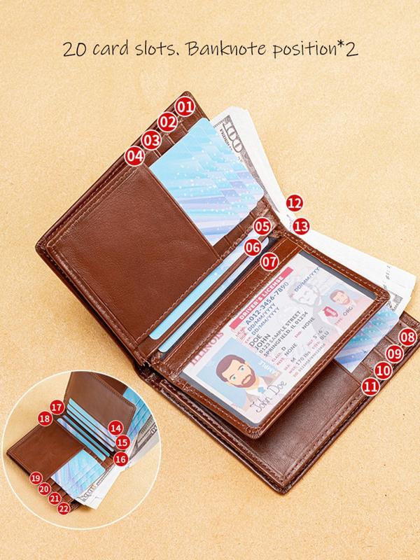 Men's Simple Plain Cowhide Leather Wallet, Business Casual Card Slots Holder, Multi-function 20 Card Slots RFID Blocking Brushed Cowhide Card Bag, Fall Outfits, Earthtone Fall Freshness