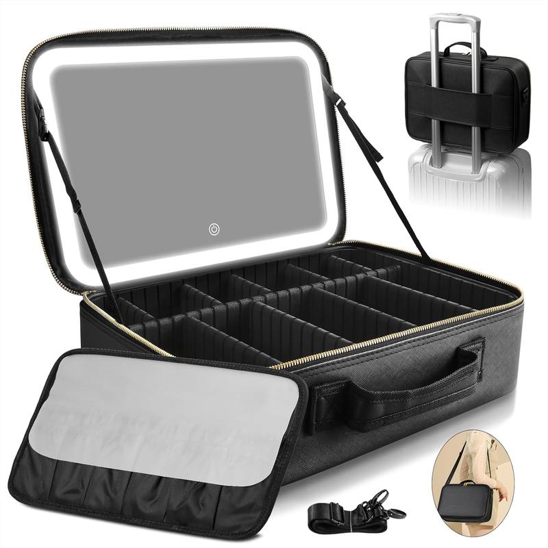 Upgraded Large Travel Makeup Bag with LED Mirror, 15
