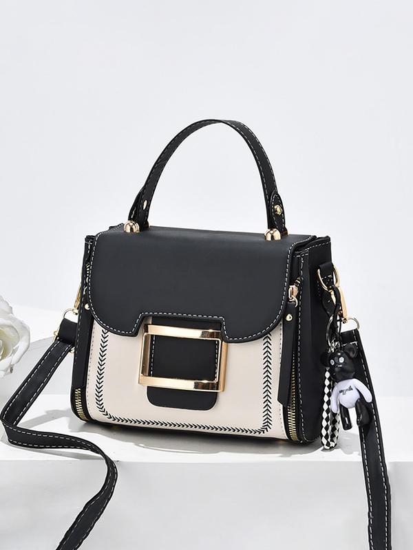 Women's Fashion Colorblock Handbag, 2024 New Style Casual Versatile Shoulder Bag with Charm for Daily Travel Work Commute, Trendy All-match Commuter Bag