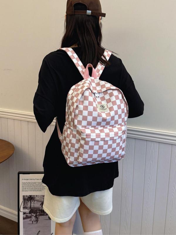Letter Patch Random Check Pattern Backpack, Casual Large Capacity School Bag, Fashionable Backpack for Women & Men, Casual Trendy Versatile Daily Commuting Bag