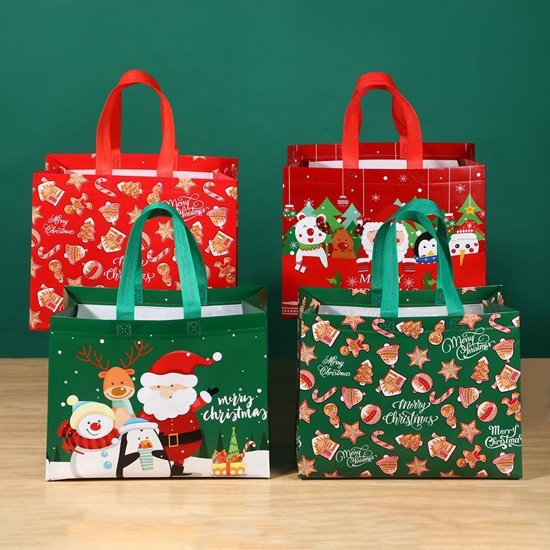 Multicolor Christmas Themed Tote Bag, 6 Counts set Reusable Gift Bag with Handle, Grocery Shopping Totes for Holiday Xmas Party