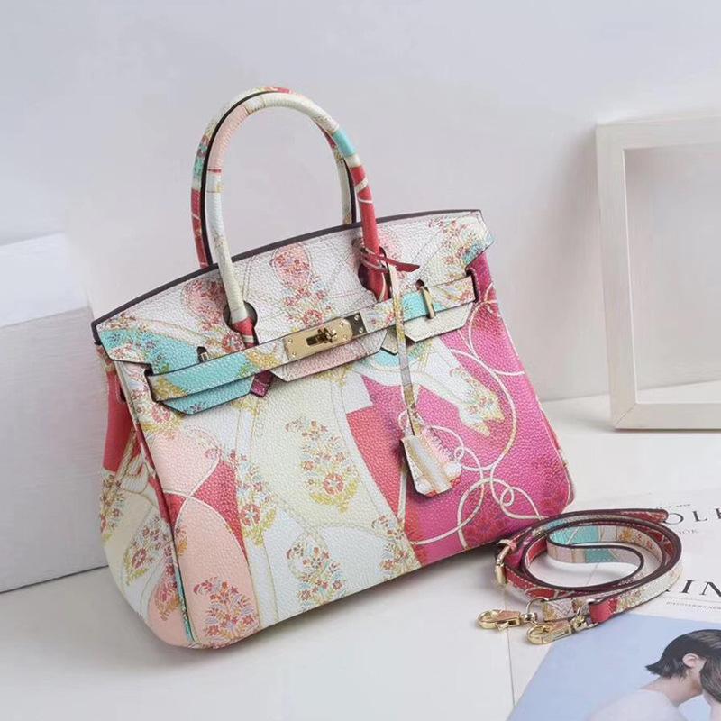 Graffiti Birkin Bag Litchi Pattern Top Layer Cowhide Print Painted Handbag Genuine Leather Big Bag Shoulder Messenger Bag for Women