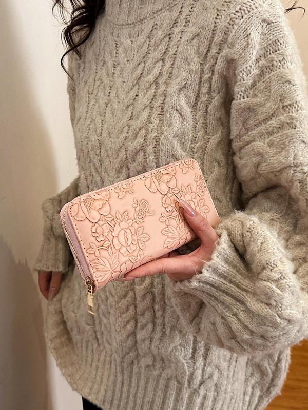 Women's Floral Embossed Long Wallet, Simple Fashion Zipper Design Long Wallet for Daily Used, Casual Trendy Versatile Coin Purse, Girl Fashionable Purse