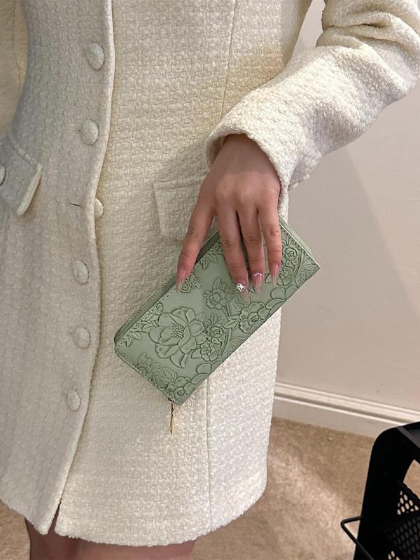 Women's Floral Embossed Long Wallet, Simple Fashion Zipper Design Long Wallet for Daily Used, Casual Trendy Versatile Coin Purse, Girl Fashionable Purse