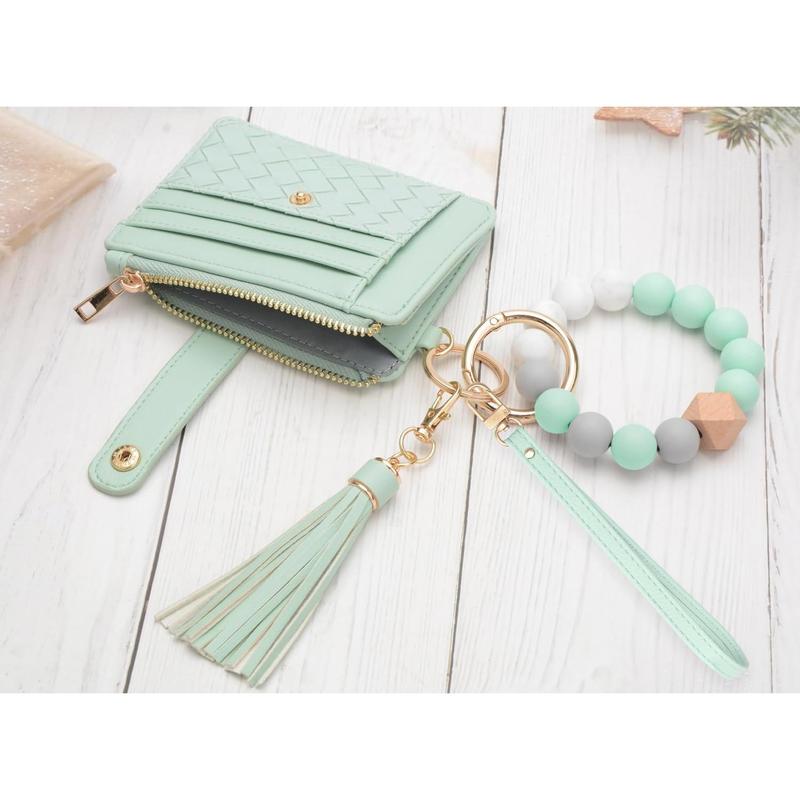 Wristlet bracelet keychain credit card holder purse, RFID blocking zipper slim wallet, tassel key ring wallet for women