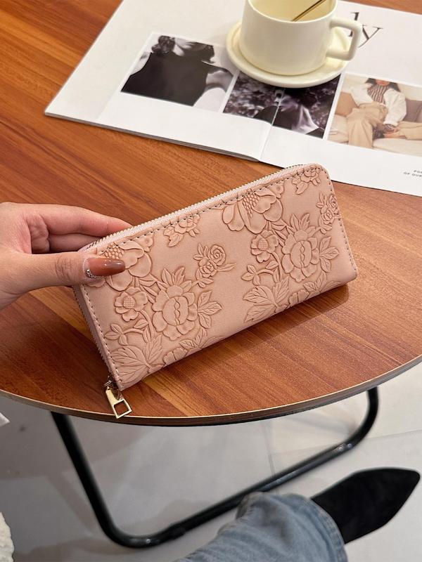 Women's Floral Embossed Long Wallet, Simple Fashion Zipper Design Long Wallet for Daily Used, Casual Trendy Versatile Coin Purse, Girl Fashionable Purse