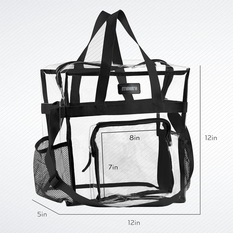 Masirs Clear Tote Bag Stadium Approved - Mesh Pockets Shoulder Straps Zippered Top Perfect for Work School Games Concerts