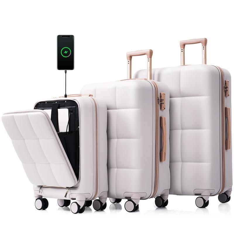 Merax Luggage Sets 3 Piece, 20-inch with USB Port and front opening design, ABS Hard Shell Luggage with Spinner Wheels, Cup Holder