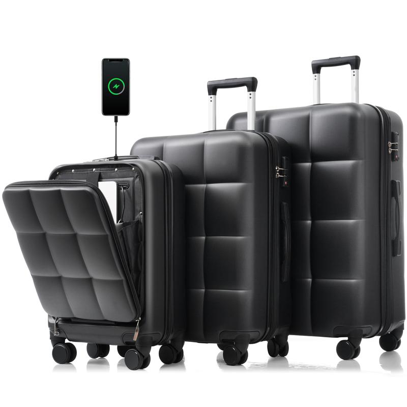 Merax Luggage Sets 3 Piece, 20-inch with USB Port and front opening design, ABS Hard Shell Luggage with Spinner Wheels, Cup Holder