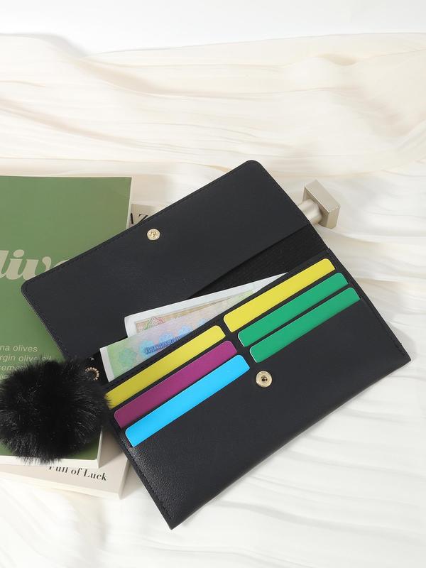 Elegant Minimalist Long Wallet, Trendy All-match Cute Purse with Pom Pom Charm, Fashionable Card Holder Everyday Purse for Daily Use