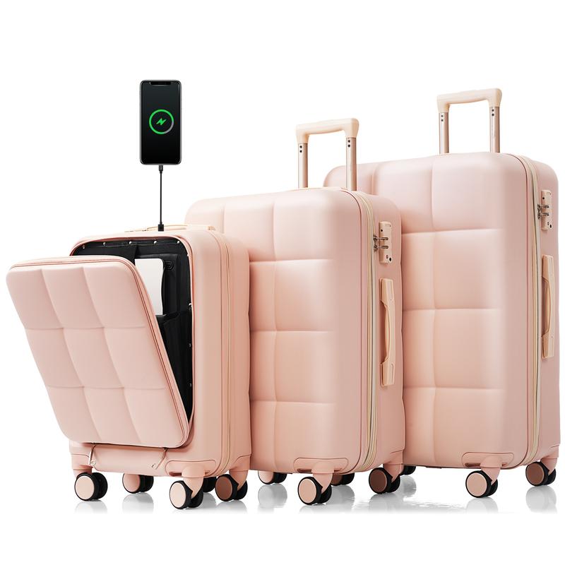 Merax Luggage Sets 3 Piece, 20-inch with USB Port and front opening design, ABS Hard Shell Luggage with Spinner Wheels, Cup Holder