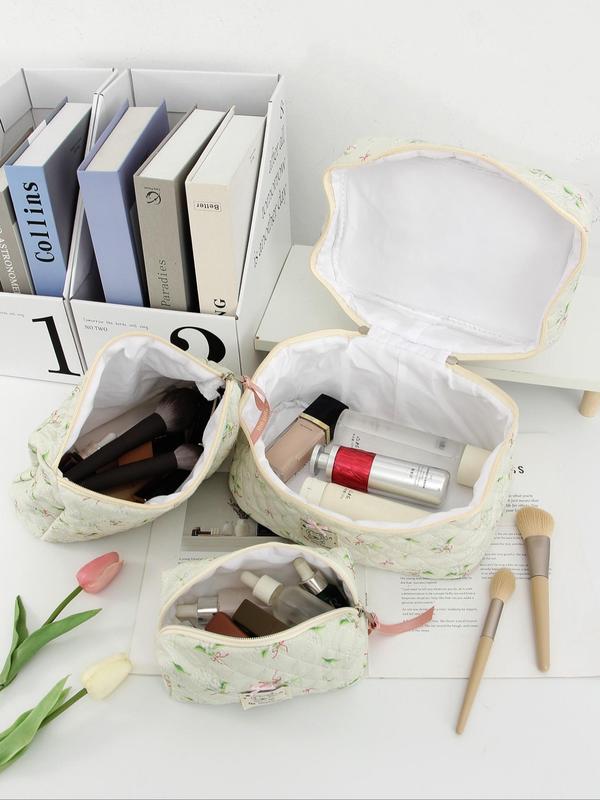 Floral  Pattern Bowknot  Decor Makeup Bag Set, Large Capacity Cosmetic Bag, Makeup Pouch, Skincare Bag, Toiletry Bag, Travel Essentials, Cruise Essentials, Dorm Essentials