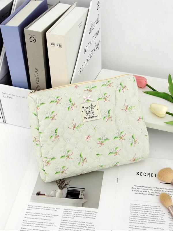 Floral  Pattern Bowknot  Decor Makeup Bag Set, Large Capacity Cosmetic Bag, Makeup Pouch, Skincare Bag, Toiletry Bag, Travel Essentials, Cruise Essentials, Dorm Essentials