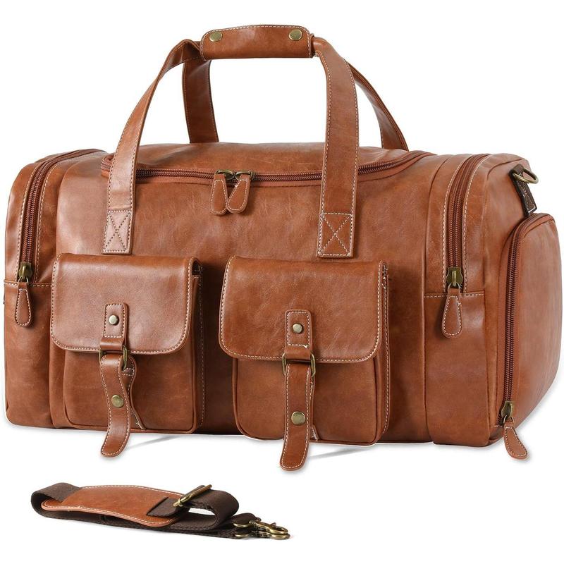 PU Leather Travel Duffel Bag with Shoe Pouch Large Carry on Bag  Weekender Overnight Bag for Men Women Brown