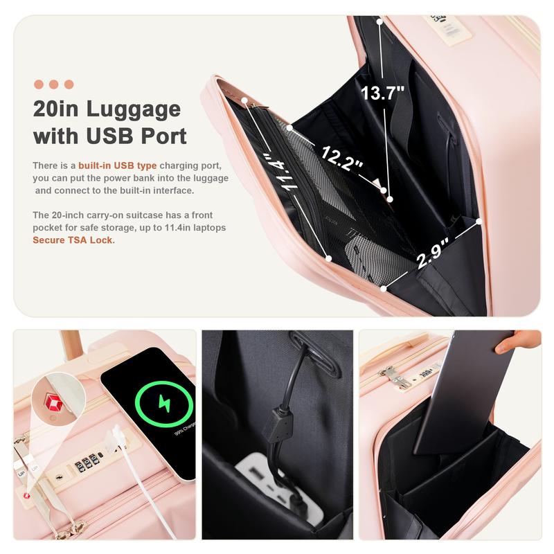Merax Luggage Sets 3 Piece, 20-inch with USB Port and front opening design, ABS Hard Shell Luggage with Spinner Wheels, Cup Holder