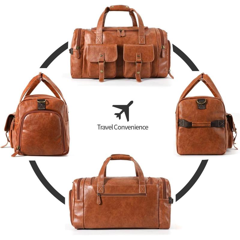 PU Leather Travel Duffel Bag with Shoe Pouch Large Carry on Bag  Weekender Overnight Bag for Men Women Brown