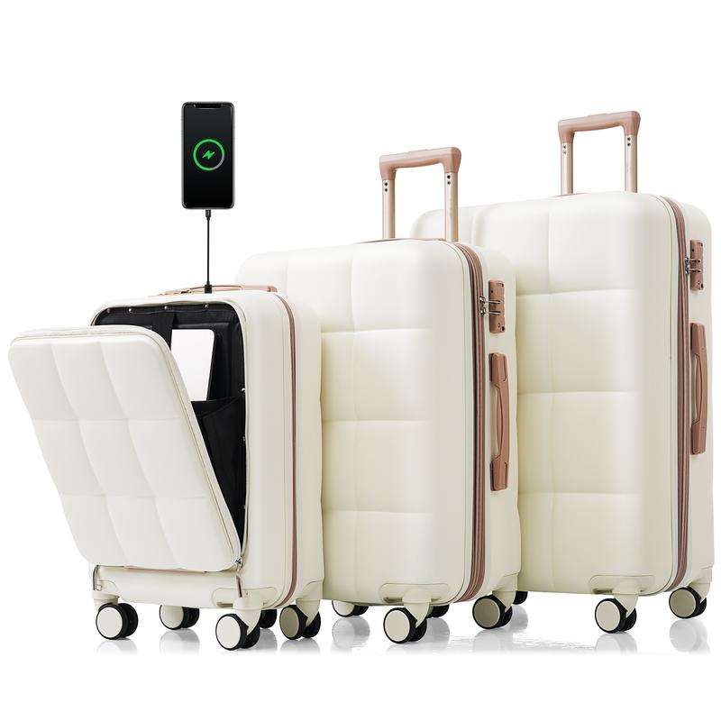 Merax Luggage Sets 3 Piece, 20-inch with USB Port and front opening design, ABS Hard Shell Luggage with Spinner Wheels, Cup Holder