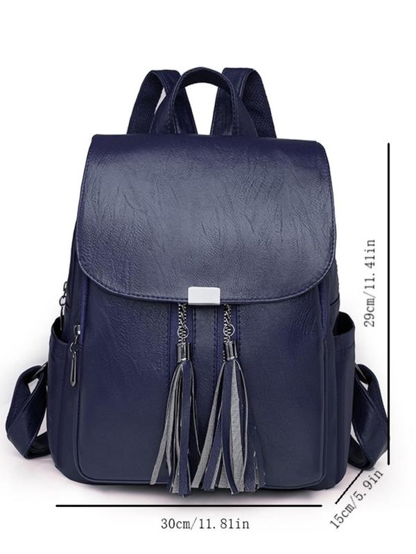 Fashionable Solid Color Tassel Decorated Clamshell Backpack, Casual Large Capacity Pu Leather Zipper Backpack for Women & Girls for Travel, All-match Commuter Bag for Work & Daily Used