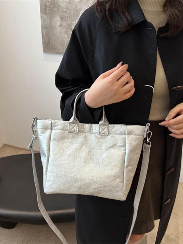 Women's Solid Color Letters Print Tote Bag, Fashionable Lightweight Large Capacity Shoulder Bag for Daily Used, Casual Trendy Versatile High-quality Daily Commuting Bag