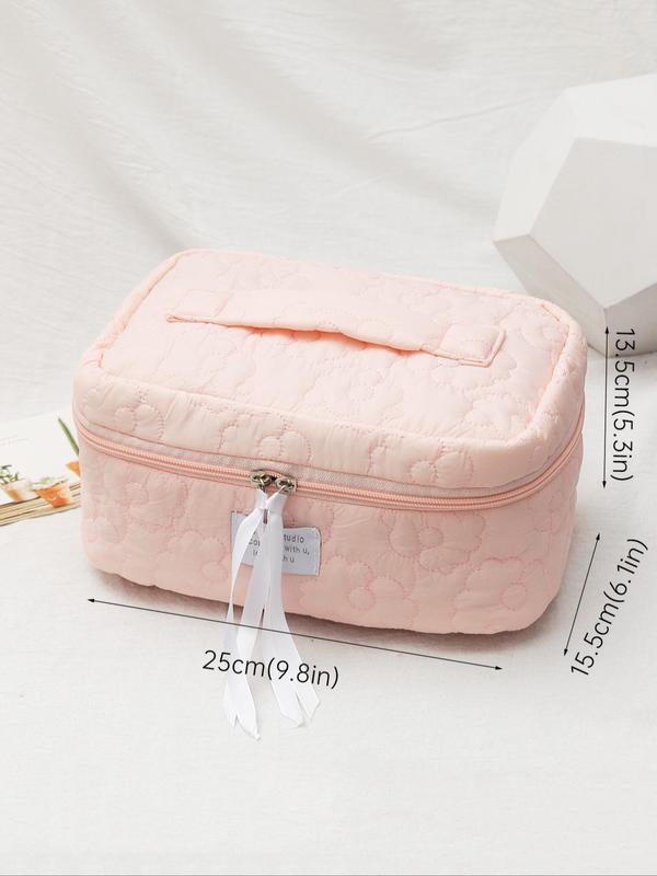 Women's 2023 Cute Flower Embroidered Makeup Handbag, Portable Large Capacity Ribbon Design Cosmetic Storage Bag, Soft Multifunction Zip-up Bag As Travel Essentials As Gift