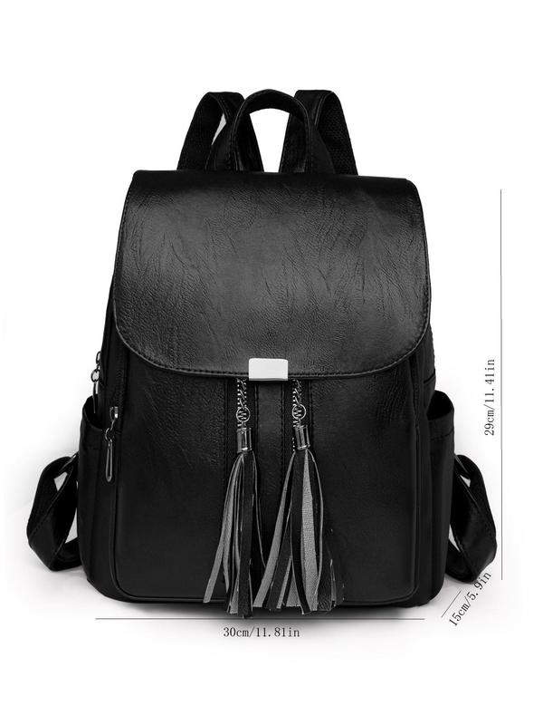 Fashionable Solid Color Tassel Decorated Clamshell Backpack, Casual Large Capacity Pu Leather Zipper Backpack for Women & Girls for Travel, All-match Commuter Bag for Work & Daily Used