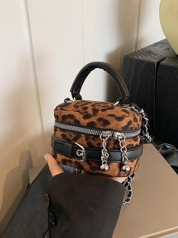Women's Elegant Fashion Leopard Print Chain Strap Box Shaped Crossbody Bag, Casual Versatile Handbag for Daily Used, Trendy All-match Commuter Bag