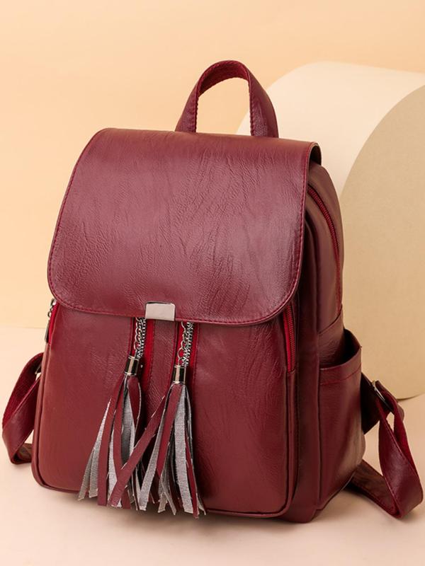 Fashionable Solid Color Tassel Decorated Clamshell Backpack, Casual Large Capacity Pu Leather Zipper Backpack for Women & Girls for Travel, All-match Commuter Bag for Work & Daily Used