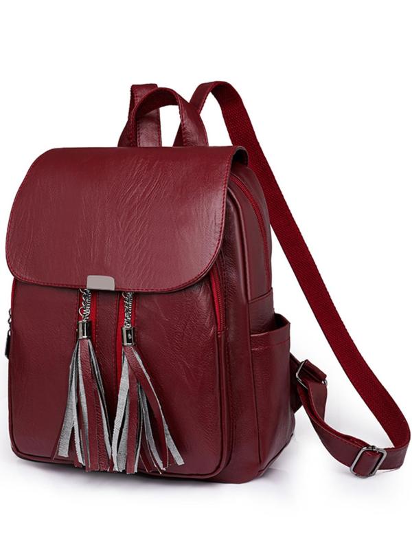Fashionable Solid Color Tassel Decorated Clamshell Backpack, Casual Large Capacity Pu Leather Zipper Backpack for Women & Girls for Travel, All-match Commuter Bag for Work & Daily Used