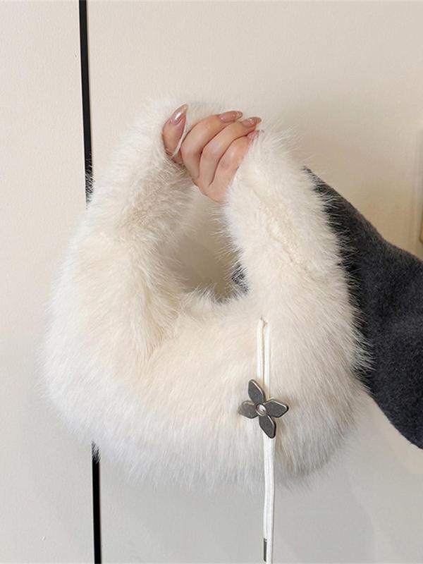 Women's Solid Color Plush Handbag, with Flower Bag Charm, Fashionable Fluffy Hobo Bag for Daily Used, Casual Trendy Versatile High-quality Daily Commuting Bag